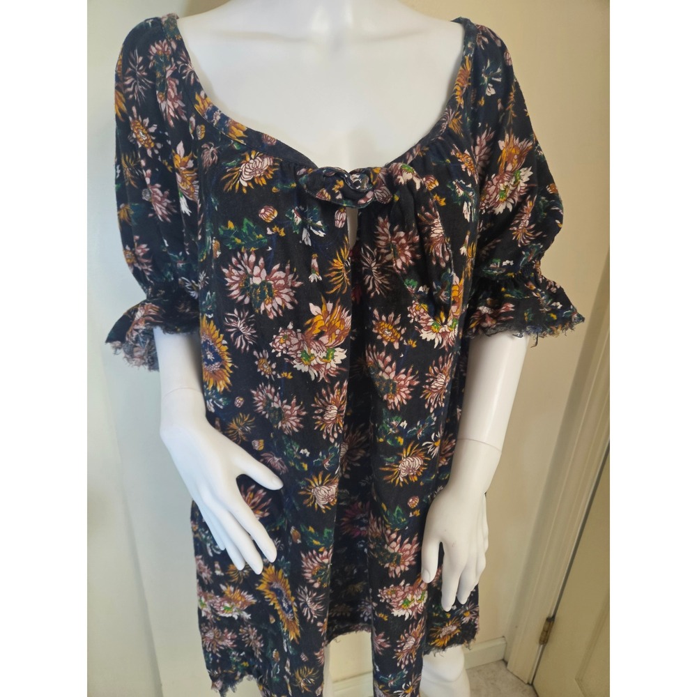 Natural Life Floral Cotton Mini Dress Black Boho Tie Front Fringe L/XL - Picture 4 of 10